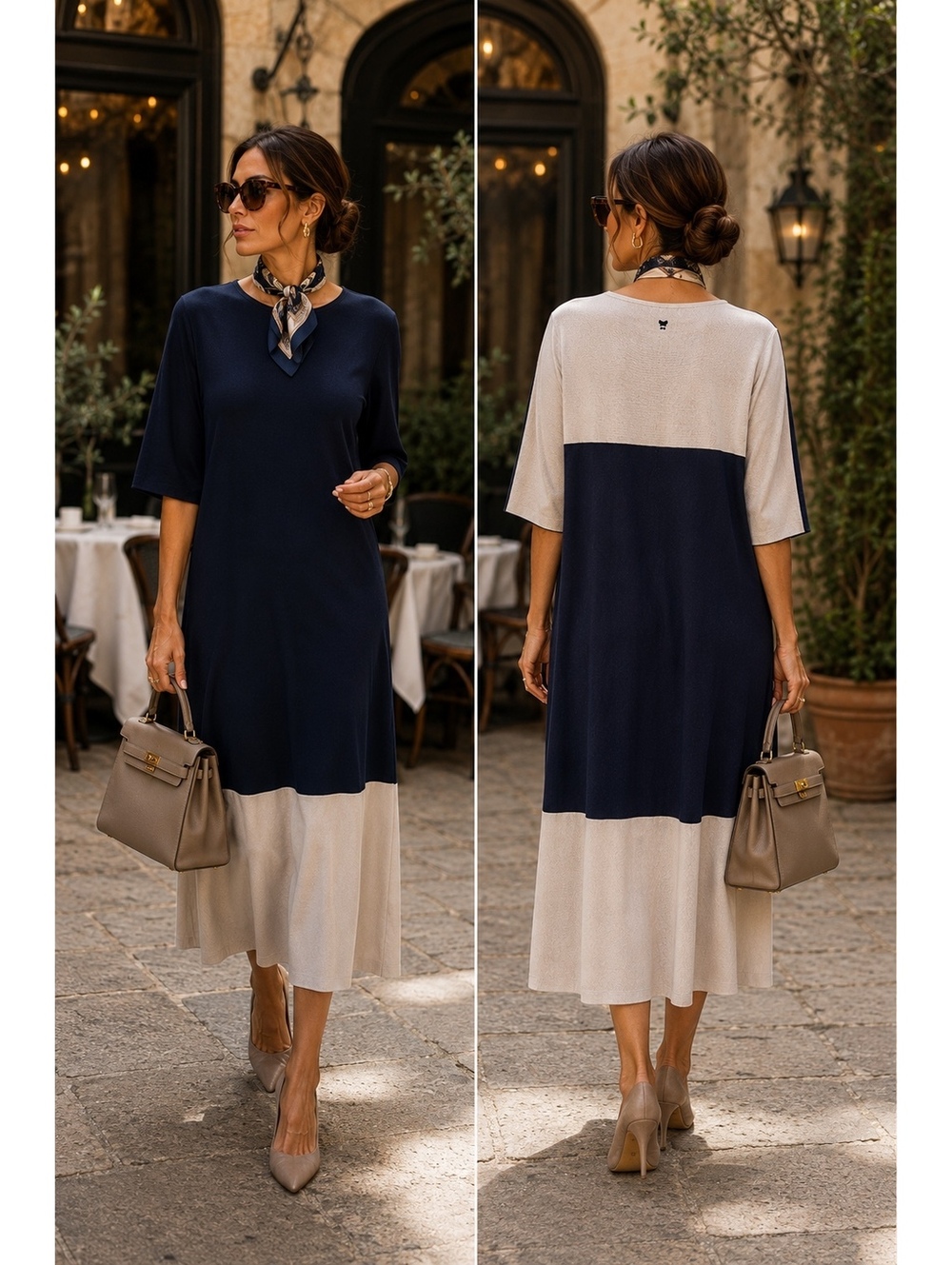 Weekend Max Mara Ostenda Panelled Knit Midi Dress Navy Cream Quiet Luxury S